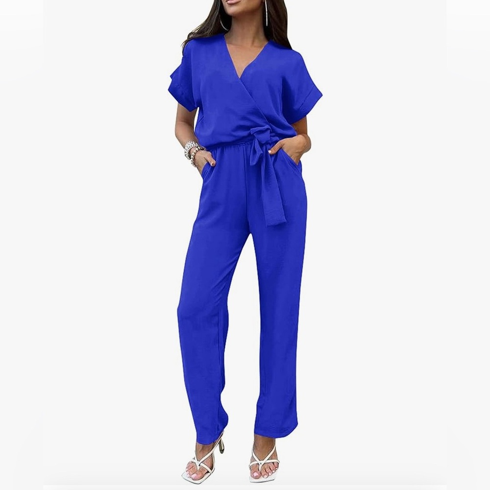 Brand New Royal Blue One Piece Belted Short Sleeved Romper. Size Large Women
